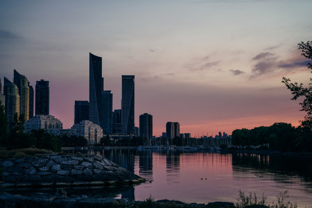 Panoramic view of Toronto skyline at sunrise, Ontario, Canadaの写真素材