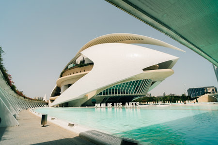VALENCIA,SPAIN - MAY,2023 - Panoramic view at the Building of Queen Sofia Palace of Arts in City of Arts and Sciences in Valencia. High quality photoのeditorial素材