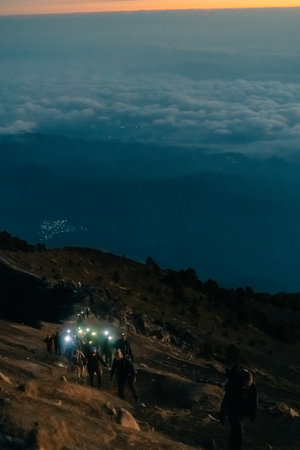 guatemala - may 12th 2023 people on Volcano Acatenango in the morning. High quality photoのeditorial素材