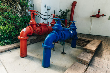 Red and blue iron pipe in the water treatment area. High quality photoのeditorial素材