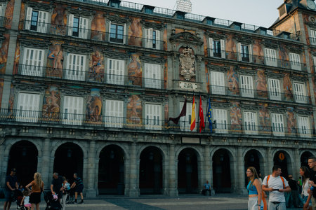 View of the famous Plaza Mayor in downtown Madrid, Spain - Sep 2023. High quality photoのeditorial素材