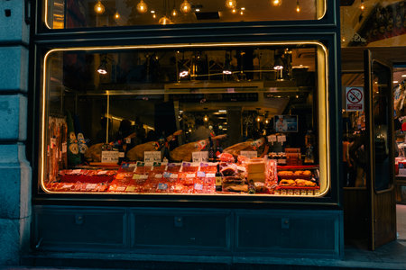 valencia, spain - August 12th 2023 display window of a butcher shop in Spain. High quality photoのeditorial素材