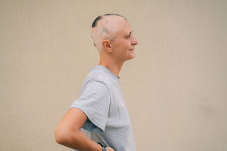 Real alopecia areata in a young girl. A bald head in a person. Diffuse alopecia. Androgenic...