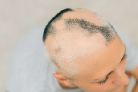 Real alopecia areata in a young girl. A bald head in a person. Diffuse alopecia. Androgenic...