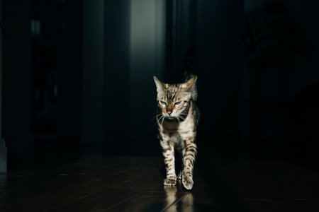 Beautiful stylish Bengal cat. Animal portrait. Playful cat. Bengal cat is lying on the floor.の写真素材