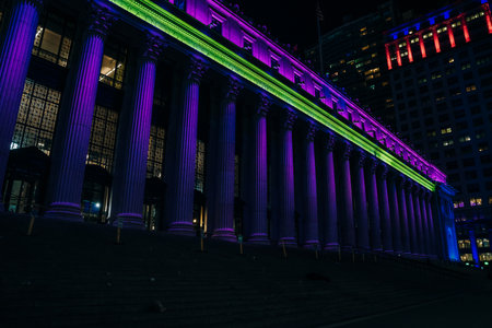 New York, USA - June 3, 2023 The entrance to the LIRR trains at Penn Station at night. High quality...