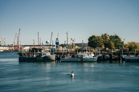 Portsmouth, NH, US-September 7th, 2023 Memorial Bridge over the Piscataqua River in Portsmouth. High quality photoの写真素材