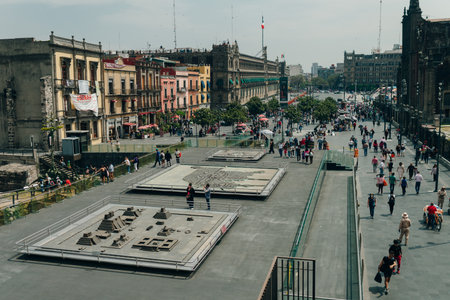 Mexico City, Mexico - May 11, 2023: View of the ancient Aztec archaeological site at Museo Templo Mayor. High quality photoのeditorial素材