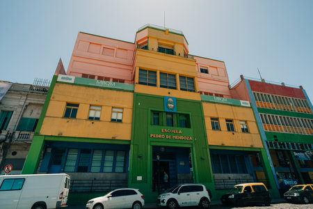 Dec 21, 2023 - Buenos Aires, Argentina Scene of La Boca neighborhood, Pedro de Mendoza School. High quality photoのeditorial素材
