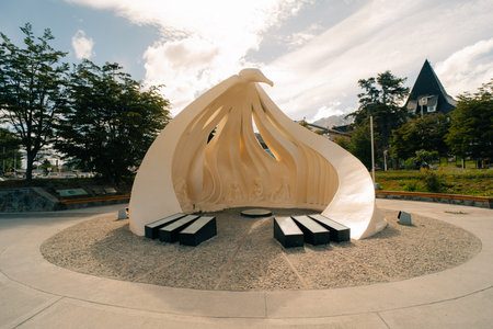 Ushuaia, Argentina - January 28, 2023: Monument of Ancient People and Pioneers of Ushuaia Monumento Antiguos Pobladores. High quality photoのeditorial素材
