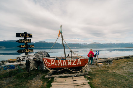 Ushuaia, Argentina - Dec 2th 2023 Rustic fishboats parked at puerto almanza port,. High quality photoのeditorial素材