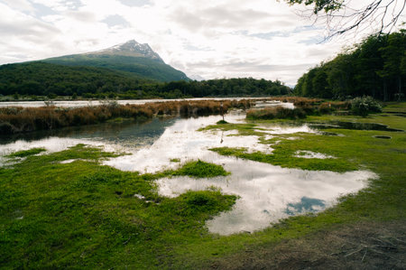 Idyllic view of Bahia Lapataia amidst mountains at Tierra del Fuego. High quality photoの写真素材