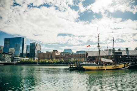 Boston cityscape in sunny day, view from harbor on downtown, Massachusetts, USA. High quality photoのeditorial素材