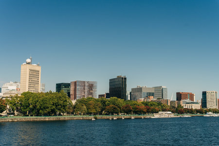 Boston cityscape in sunny day, view from harbor on downtown, Massachusetts, USA. High quality photoの写真素材