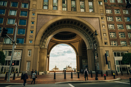 Looking up at the arch at Rowes Wharf, in Boston, Massachusetts, usa - Sep 2th 2023. High quality...