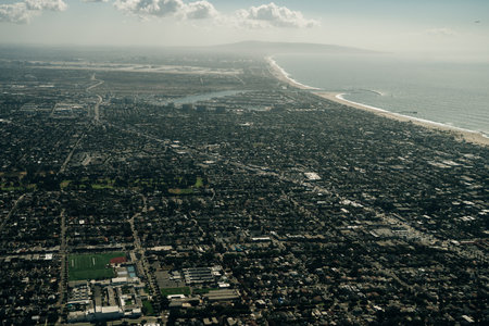 Aerial view of highway interchange with downtown Los Angeles, USA. High quality photoの写真素材