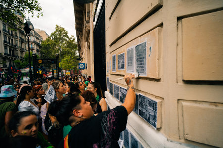 Women chant slogans during the Ni Una Menos march for International Womens Day, outside the Argentine Congress in Buenos Aires, argentina - March 8, 2024のeditorial素材