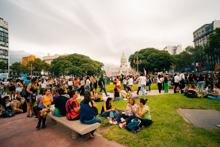 Women chant slogans during the Ni Una Menos march for International Womens Day, outside the Argentine Congress in Buenos Aires, argentina - March 8, 2024のeditorial素材