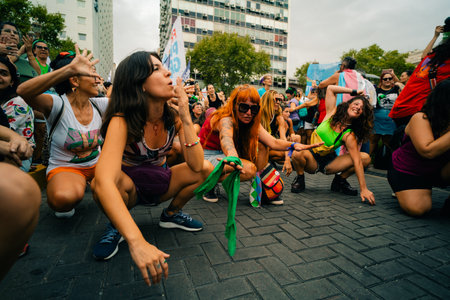 Women chant slogans during the Ni Una Menos march for International Womens Day, outside the Argentine Congress in Buenos Aires, argentina - March 8, 2024のeditorial素材