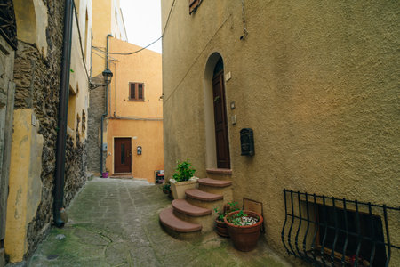 the beautiful alley of castelsardo old city - sardinia - italy - may 2 2024. High quality photoのeditorial素材