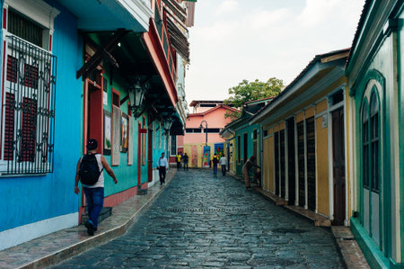 Santa Ana Hill in Guayaquil with colorful colonial architecture. Guayaquil, ecuador - May 2, 2024. High quality photoのeditorial素材