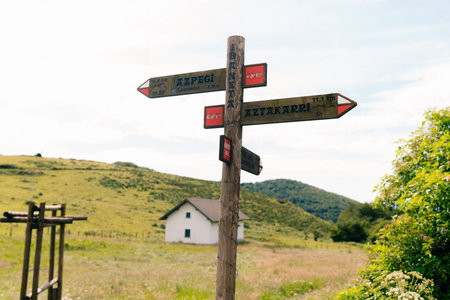 sign with directions for hiking in the pyrenees mountains. High quality photoのeditorial素材