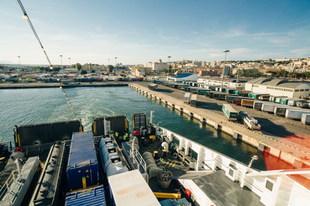 ship and containers in Mediterranean Sea at port at Cagliari, Sardinia island, Italy. High quality photoのeditorial素材
