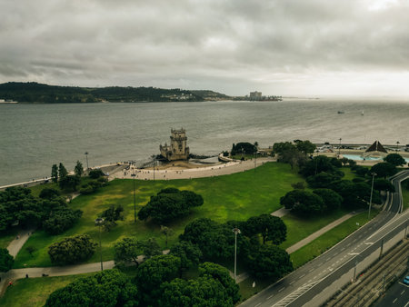 aerial view of Torre de Belem in Lisbon, Portugal. High quality 4k footageの写真素材