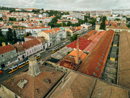 Lisbon, Portugal, June 2 2024 - aerial view of Avenida Brasilia and Avenida da India, parallel to the railway. High quality 4k footageの写真素材