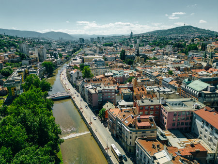 Aerial view of Sarajevo city at sunset in Bosnia and Herzegovina. High quality photoの写真素材