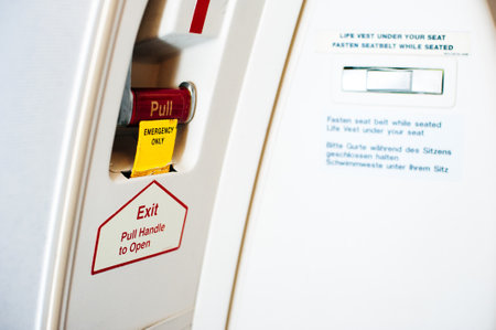 Emergency exit on the plane. pull handle to open. High quality photoの写真素材