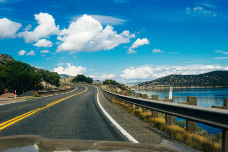 yellow line road along the hills in the USA. High quality photoの写真素材
