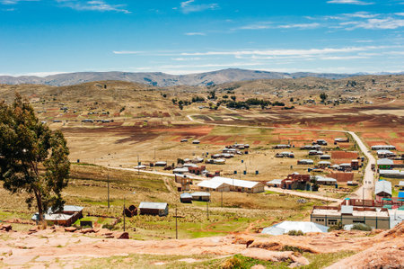 landscape of Lake Titicaca from the island of Taquile with pastures and vegetable gardens cultivated by the population near Puno in Peru. High quality photoの写真素材