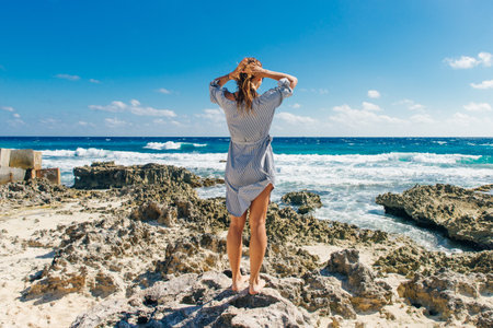 Cancun, Quintana Roo, Mexico. Girl on Gaviota Beach in Cancun.の写真素材