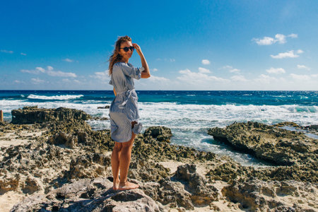 Cancun, Quintana Roo, Mexico. Girl on Gaviota Beach in Cancun.の写真素材