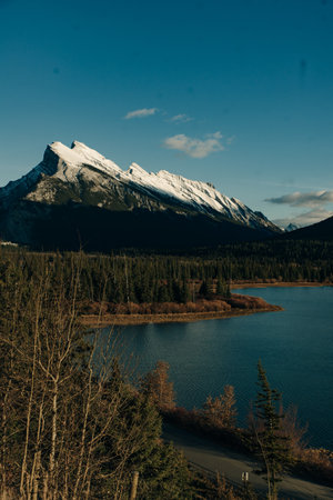 Snowy winter scenery in the Canadian Rocky Mountains - Mount Rundle and Vermillion Lakes - Banff National Park, Canada.の写真素材
