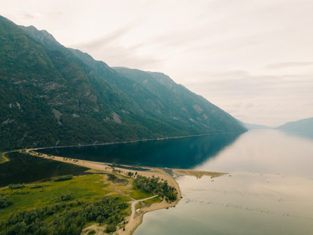 Aerial view of Teletskoye lake in the Altai Mountains in summer. High quality photo