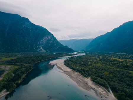 Aerial view of Teletskoye lake in the Altai Mountains in summer. High quality photoの写真素材