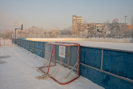 outdoor hockey ground in winter, russia. High quality photoの写真素材