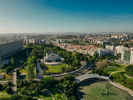 AERIAL View of Eduardo VII park with labyrinth in Lisbon, Portugal. High quality photo