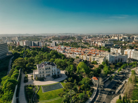 AERIAL View of Eduardo VII park with labyrinth in Lisbon, Portugal. High quality photoの写真素材