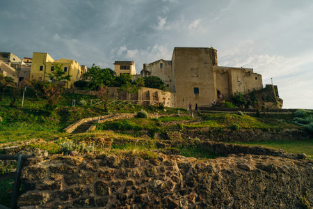 The historical Castelsardo Cathedral against the blue Mediterranean sea in Sardinia - 3 May 2024. High quality photoの写真素材