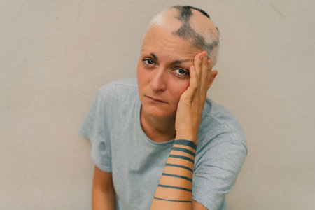 Real alopecia areata in a young girl. A bald head in a person. Diffuse alopecia. Androgenic alopecia. Hair loss. Bald spots on the head. Trichology. High quality photoの写真素材