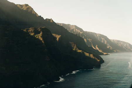 Hawaii Kauai Na Pali coast landscape aerial view from helicopter. Nature coastline dramatic mountains with secluded popular tourist attraction beach. USA destination. High quality photoの写真素材