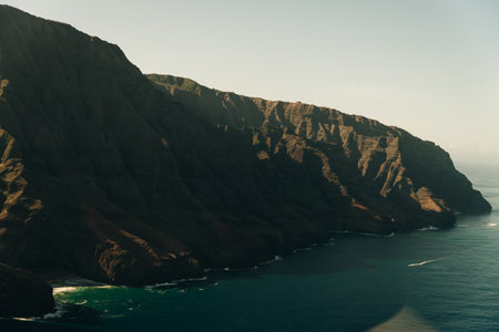 Hawaii Kauai Na Pali coast landscape aerial view from helicopter. Nature coastline dramatic mountains with secluded popular tourist attraction beach. USA destination. High quality photoの写真素材