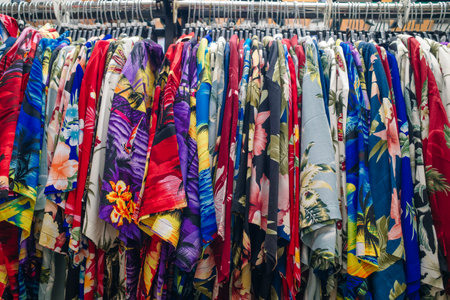 Hawaiian shirts on a hanger in a store. High quality photoの写真素材