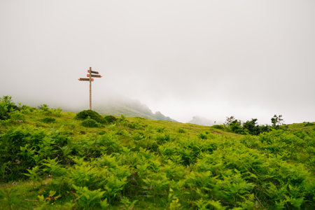 sign with directions for hiking in the pyrenees mountains. High quality photoの写真素材