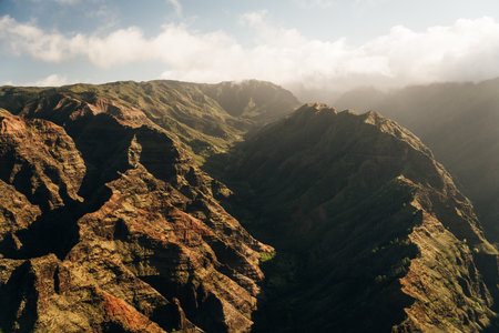 Aerial view of Waimea Canyon Grand Canyon of the Pacific on the western side of Kauai island in...