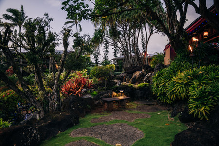 Princeville, Kauai, HI - April 24, 2023 - The pool and cabana at sunset in Princeville. High quality photoの写真素材