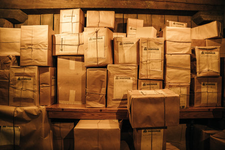 boxes in a warehouse in a dark room. High quality photo